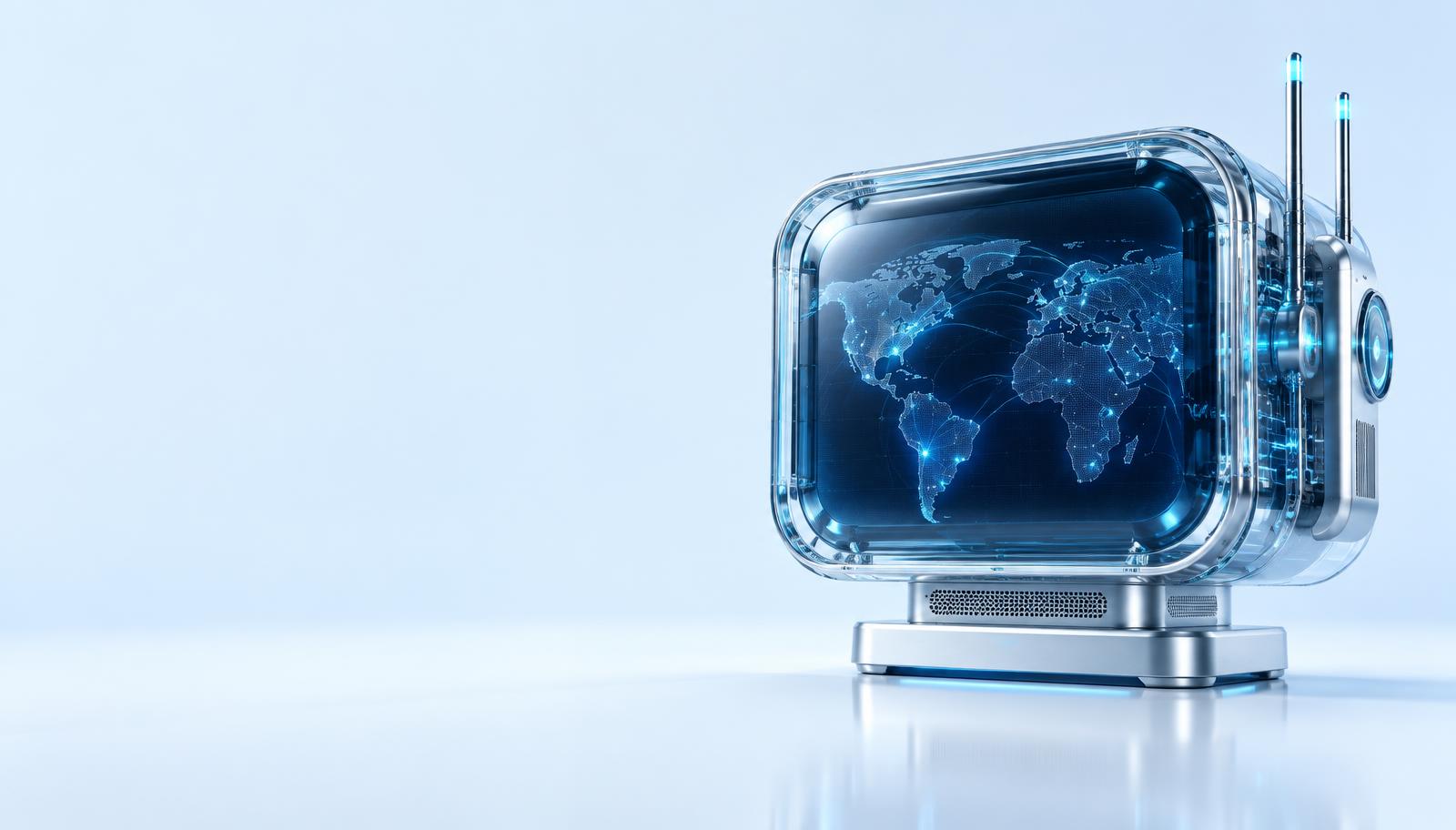 Glass network edge terminal displaying a connected world map